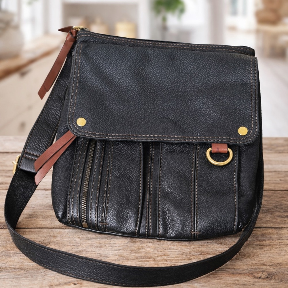 Fossil Black Morgan Traveler Crossbody Bag w/ Brass Accents and Adjustable Strap